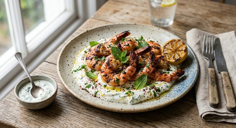 Grilled prawns with yoghurt and mint