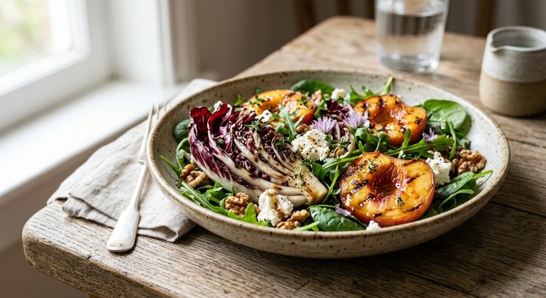 Grilled radicchio and peach salad with goats' cheese 