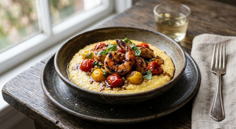 Balsamic prawns with cherry tomatoes and creamy polenta