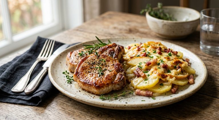 Pork chops with potato and apple tartiflette