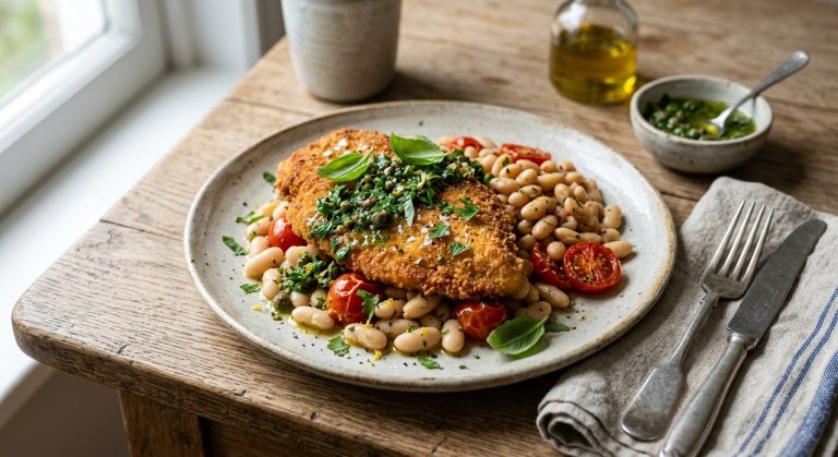 Chicken Milanese with beans and salsa verde