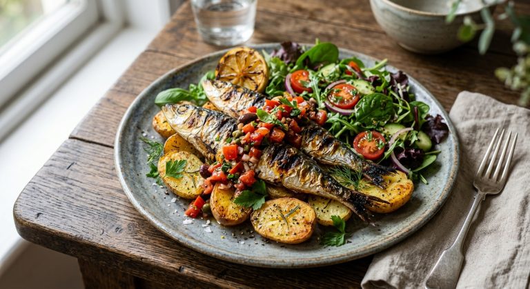 Grilled sardines with sauce vierge, pan-fried Jersey Royals and salad