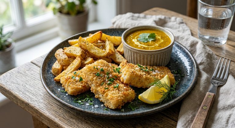 Fish, chips and curry sauce