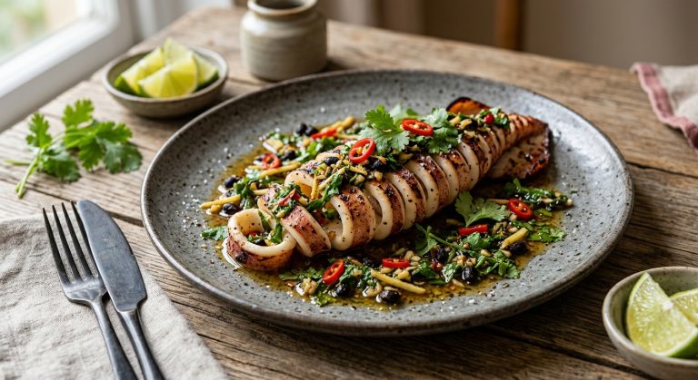 Grilled squid with ginger, black bean and coriander dressing