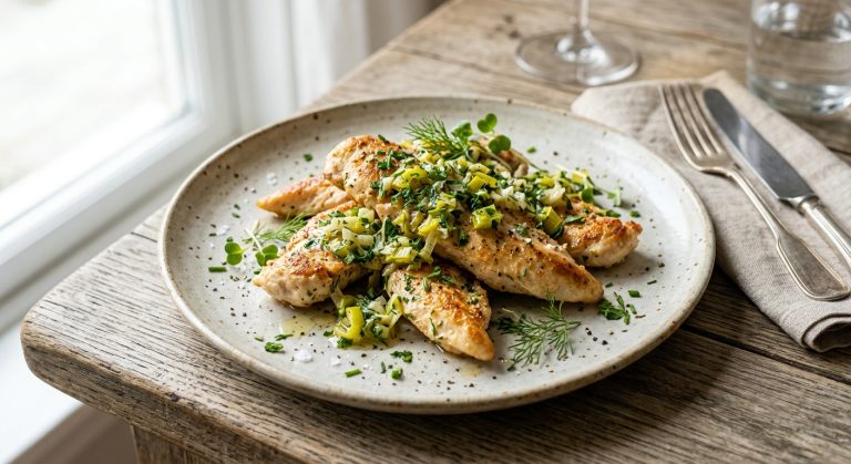 Chicken strips with leek vinaigrette