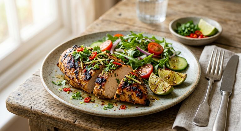 Barbecued marinated chicken breast with lime, coriander, ginger and chilli