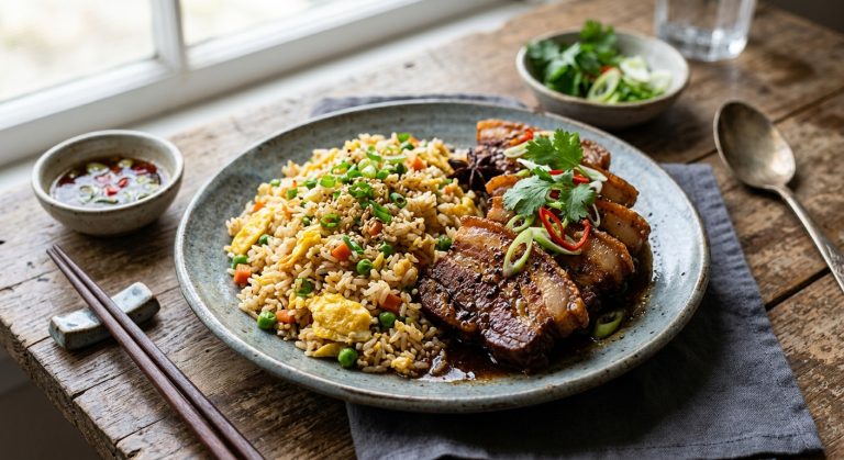 Five-spice pork belly with egg-fried rice