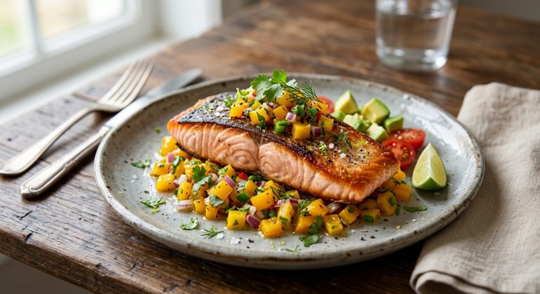 Flash-fried salmon with yellow pepper and onion salsa