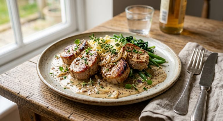 Pork medallions with cider, cream and mustard sauce