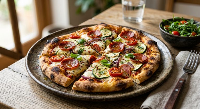 Flatbread pizza with pepperoni, courgette and onion