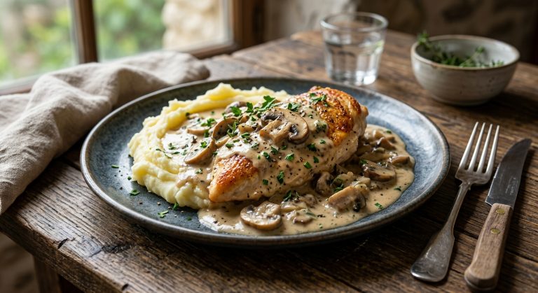 Chicken with creamy mushroom sauce and mashed potato