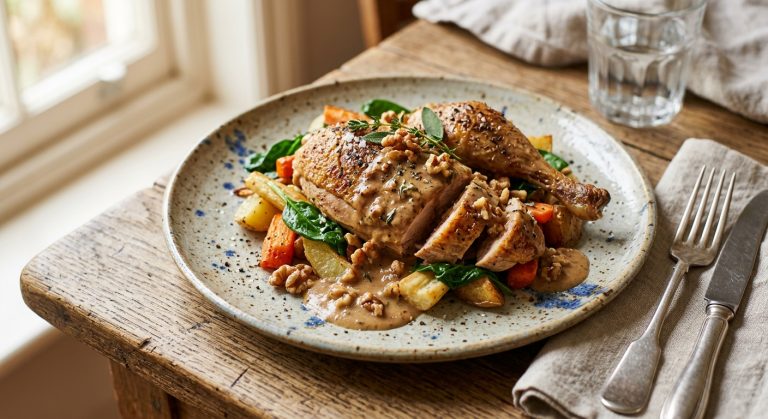 Pot-roasted pheasant with walnut sauce