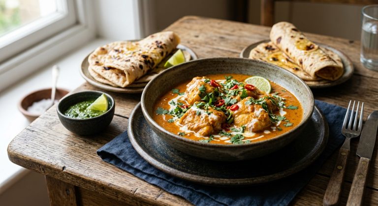 Monkfish tikka masala with roti