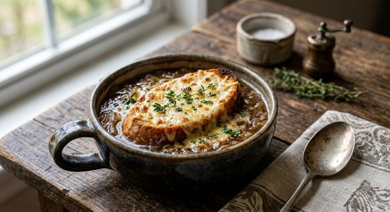 French onion soup with Gruyère croûtons