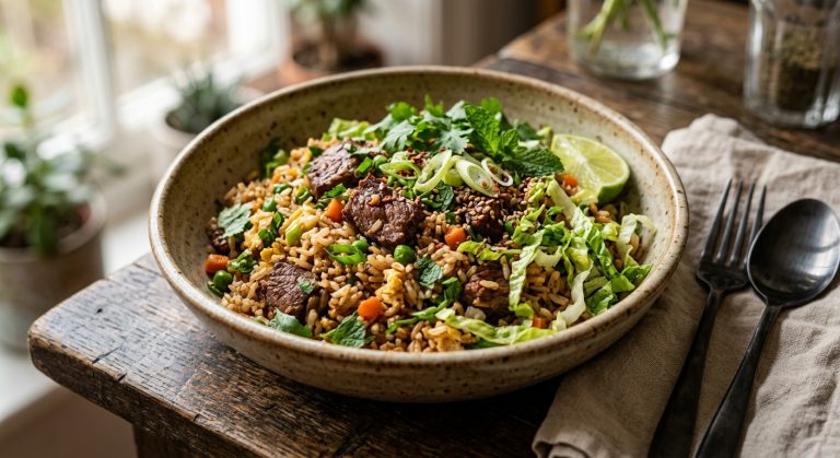 Beef fried rice with lettuce and herbs