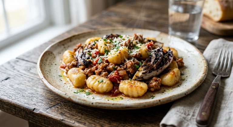 Potato gnocchi, grilled radicchio and sausage sauce