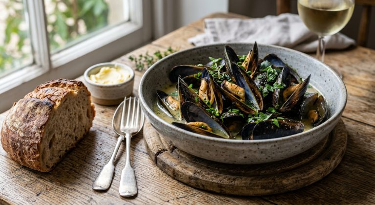 Moules marinière with crusty bread