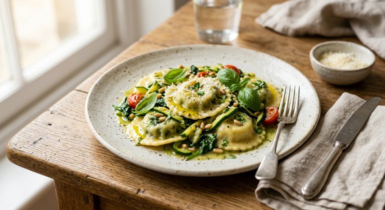 Potato ravioli with courgette and spinach