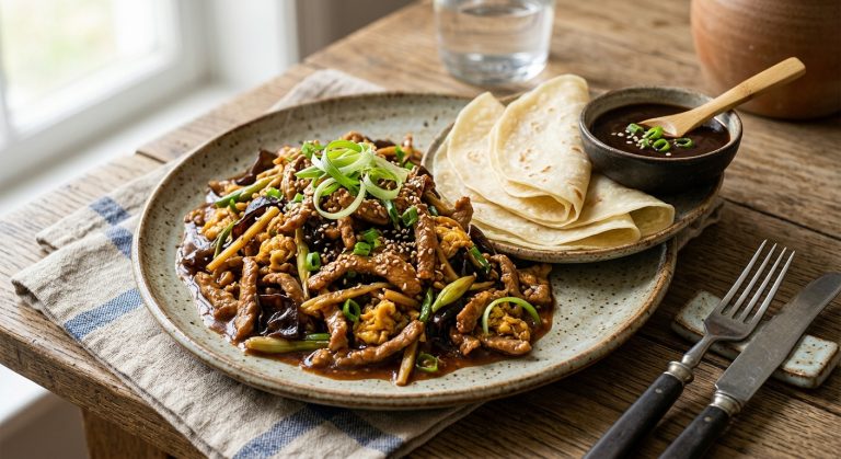 Mu shu pork with hoisin sauce and pancakes