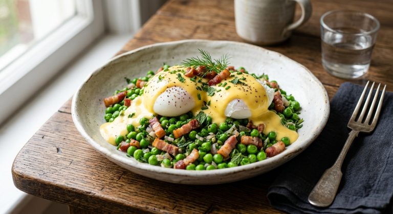 Fresh peas with crispy pancetta, poached eggs and hollandaise