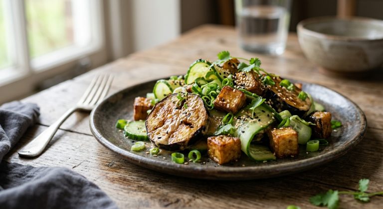 Fried aubergine, cucumber, spring onion, white miso dressing