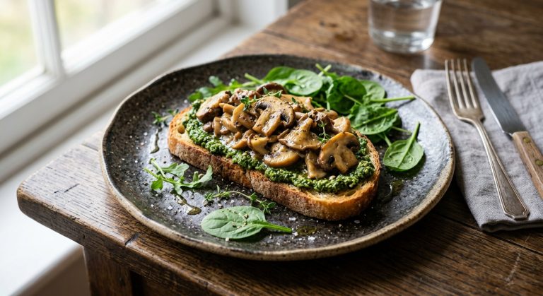Mushroom on toast with spinach pesto