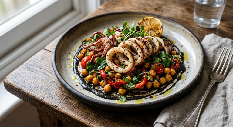 Chilli squid with chickpeas and squid ink sauce