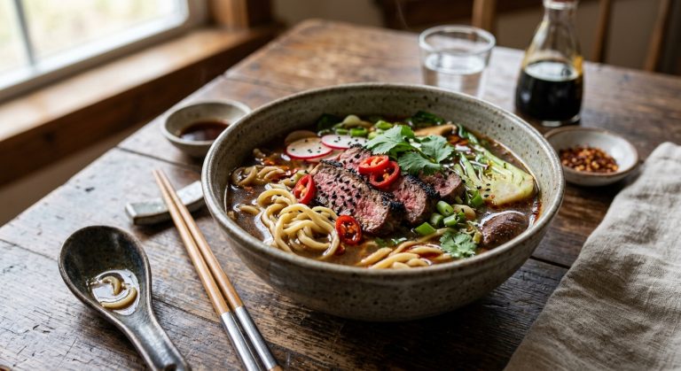 Chilli steak noodle broth