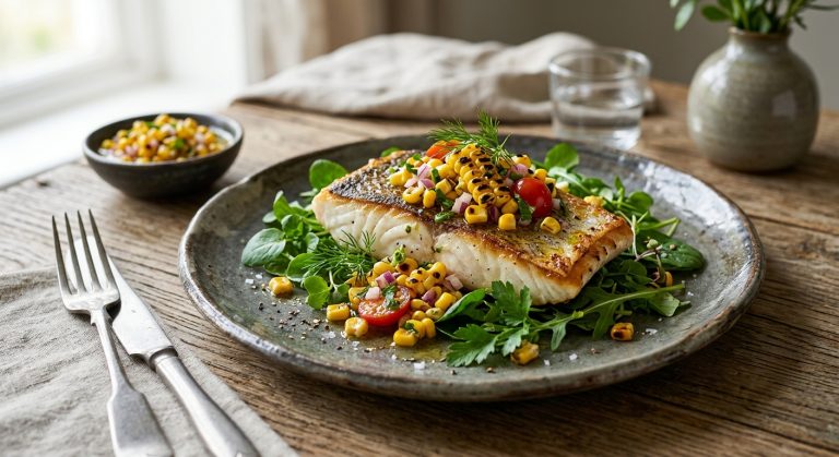 Hake with charred sweetcorn dressing