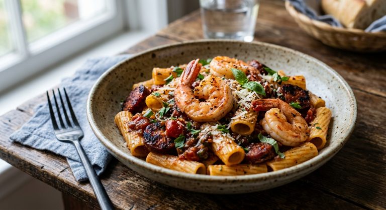 Prawn and chorizo pasta with tomato sauce