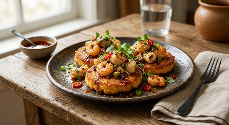 Fried cornbread with seafood and Sichuan oil