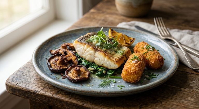 Halibut with potato croquettes and fried shiitake mushrooms