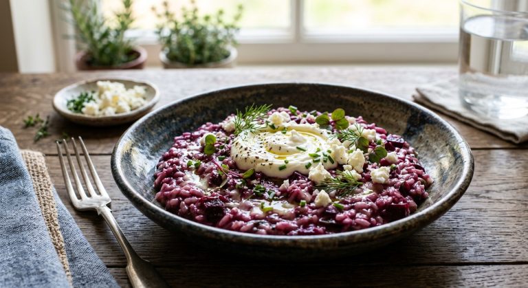 Beetroot and mascarpone risotto with crumbled Wensleydale cheese