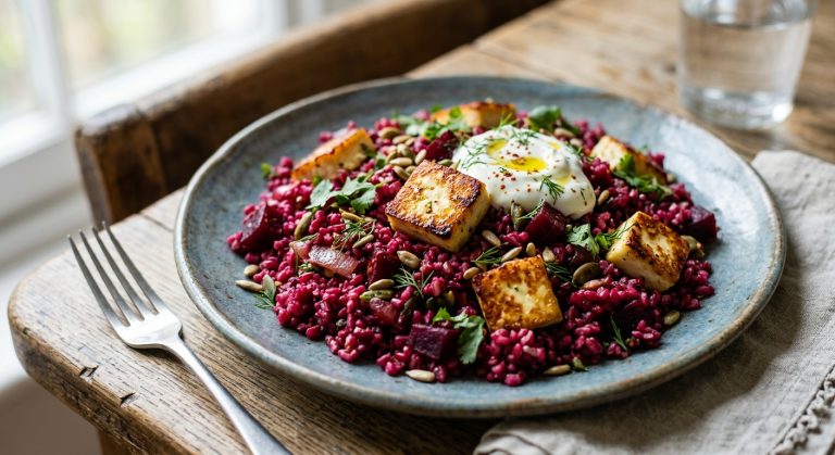Beetroot bulgur wheat with paneer
