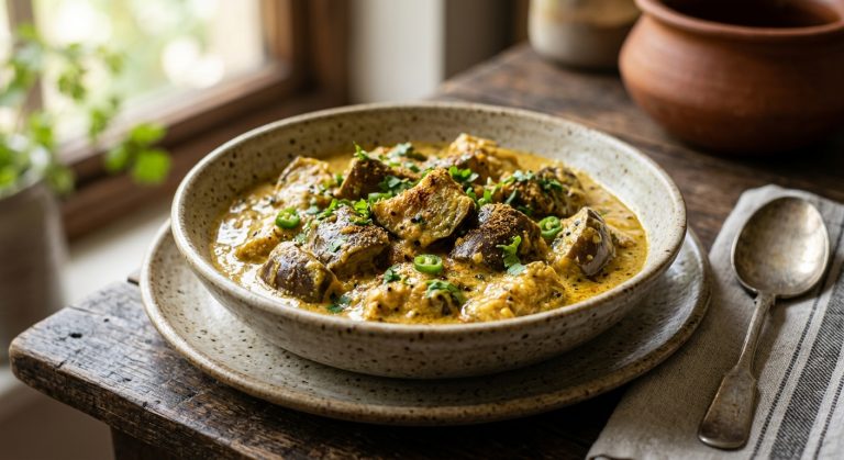 Bengali-style aubergine cooked in yoghurt