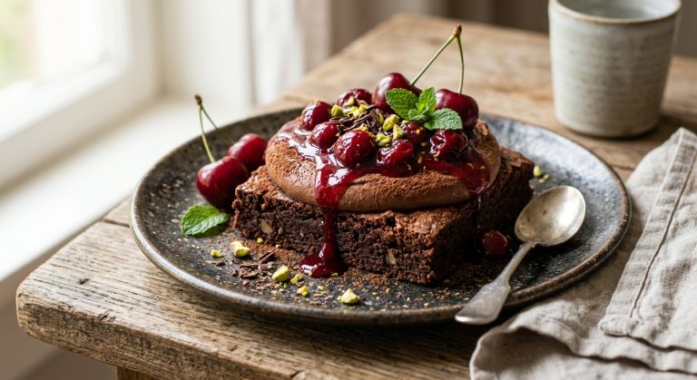 Chocolate brownie with chocolate mousse and cherry compôte