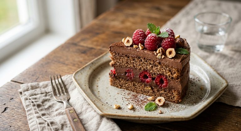 Hazelnut, chocolate and raspberry cake with chocolate cream
