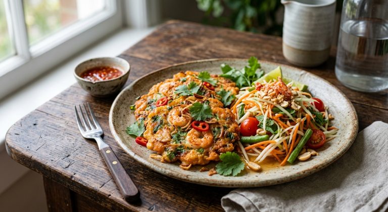 Prawn pancakes and papaya salad