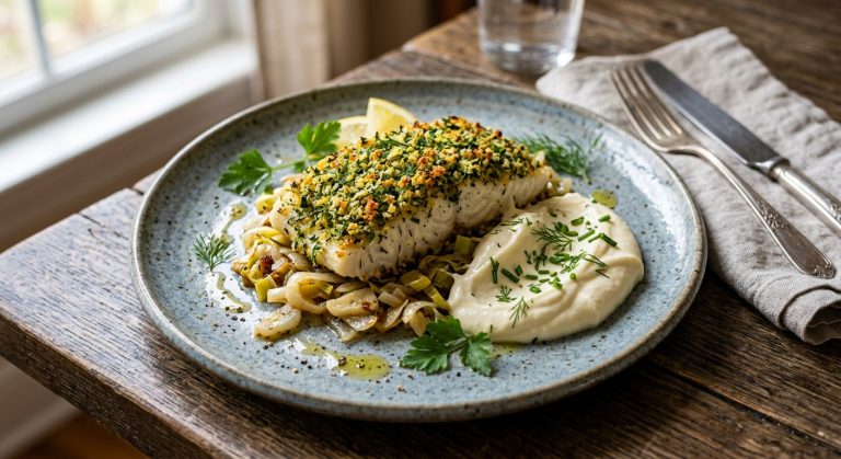 Herb crusted halibut with leeks and whipped brie