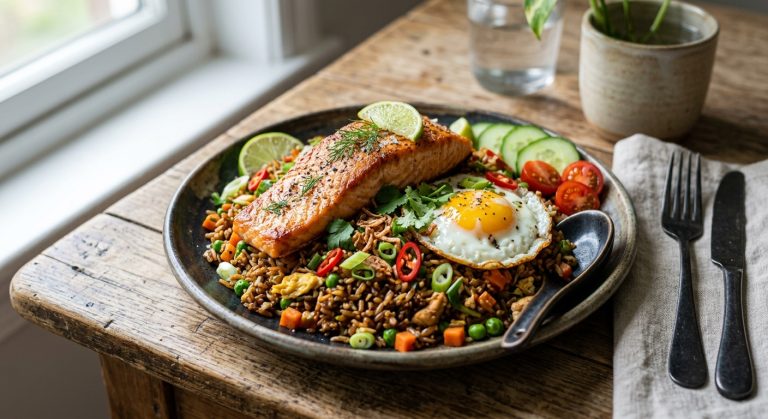 Nasi goreng with seared salmon