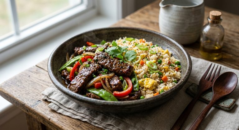 Black pepper beef stir fry with egg fried rice