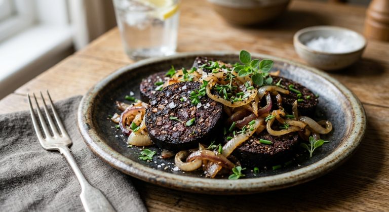 Black pudding with onions