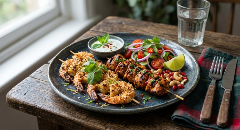 Christmas barbecued coconut prawns and chicken tikka