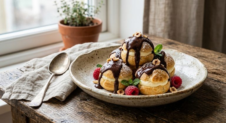 Profiteroles with chocolate sauce