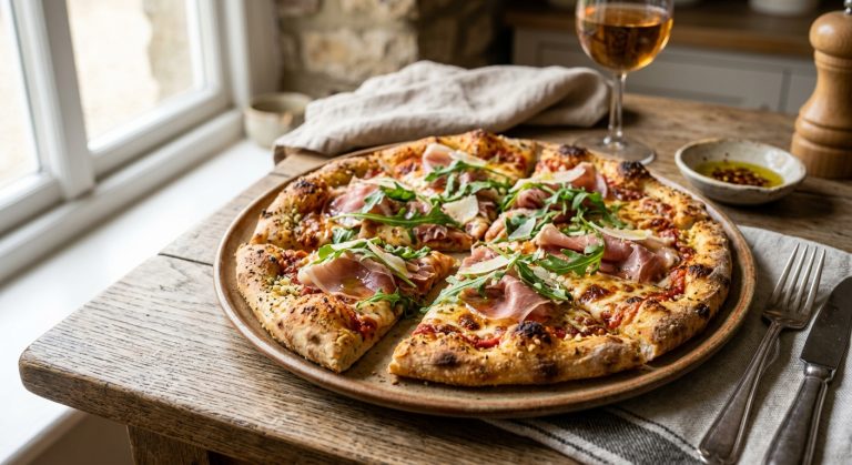 Garlic-crust pizza with Parma ham