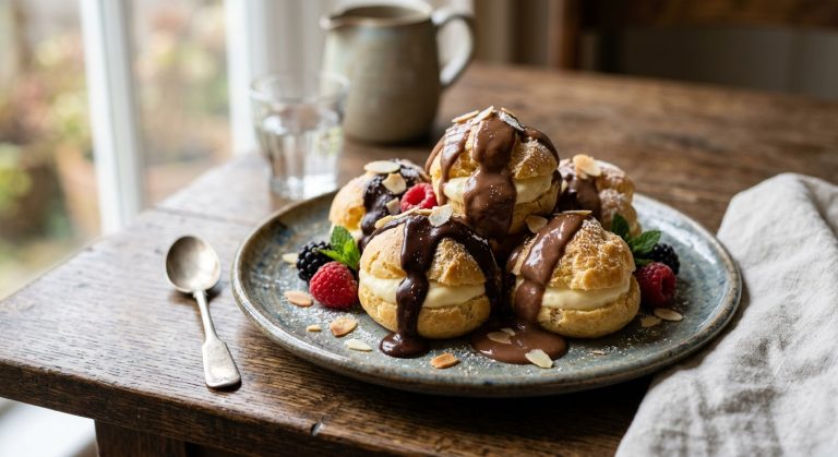 Profiteroles with two chocolate sauces