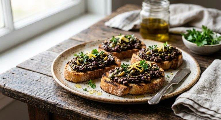 Olive and lemon tapenade on bruschetta