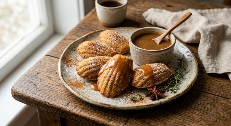 Cinnamon madeleines with winter caramel sauce