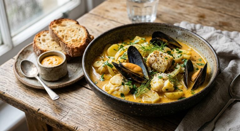 Bourride of mussels and monkfish with saffron and fennel