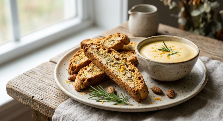 Orange, rosemary and almond biscotti with a zabaglione dip